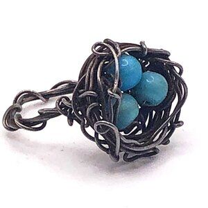 Handmade Wire Bird Nest Ring Robin’s Egg Blue Beads Rustic Boho Artisan Size 9.5